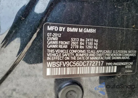 2013 BMW M5 z USA, uszkodzony, nr VIN WBSFV9C56DC772717